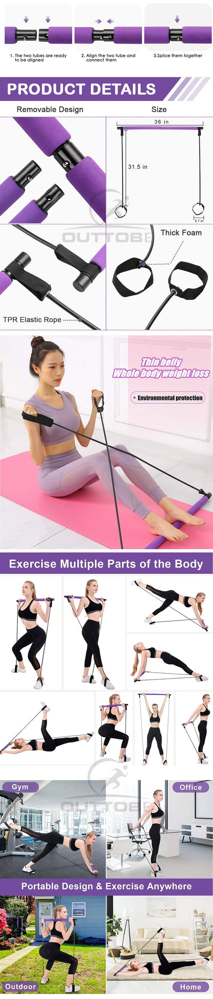 Outtobe Portable Yoga Pilates Bar with Resistance Band (For Muscle Toning) - Thehealthyrush