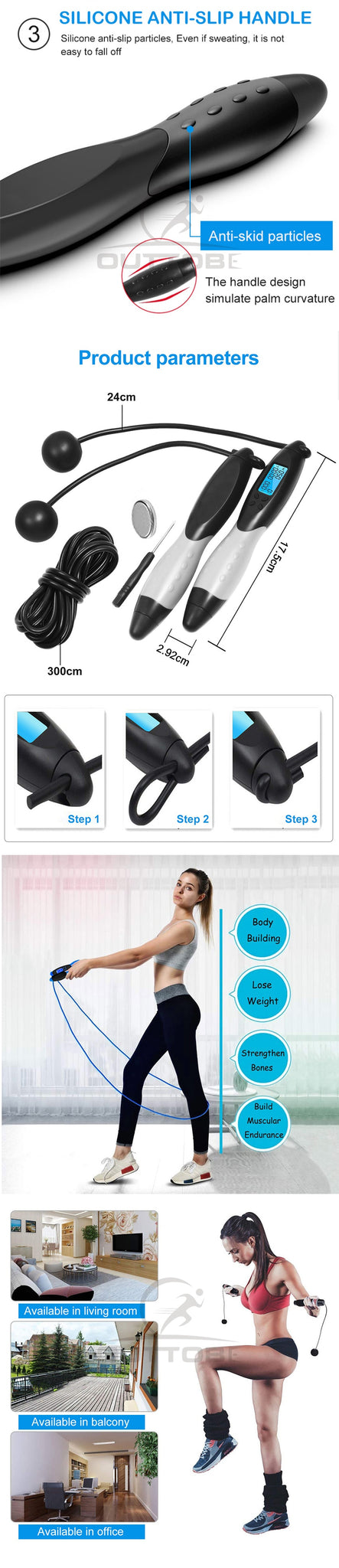 Outtobe Smart Jump Rope with Anti-Slip Hand Grip and LCD Screen (Two Modes) - Thehealthyrush